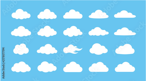 Meteorology sky vapor cloud collection vector set - fluffy atmospheric meteorological formations, white cumulus shapes, and weather elements with editable stroke.