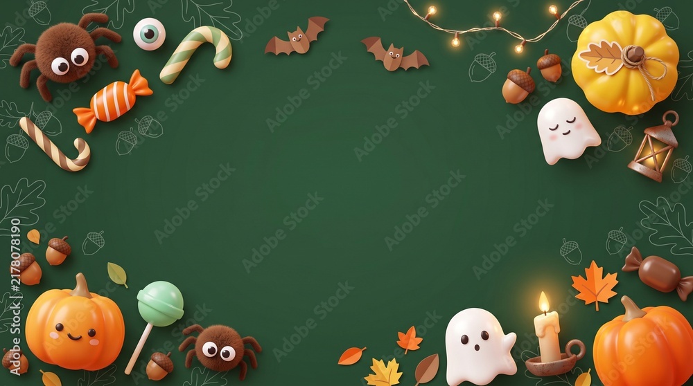 Fototapeta premium Cute halloween background with pumpkins ghosts candy and autumn leaves arranged as a border on a dark gray surface for holiday celebration