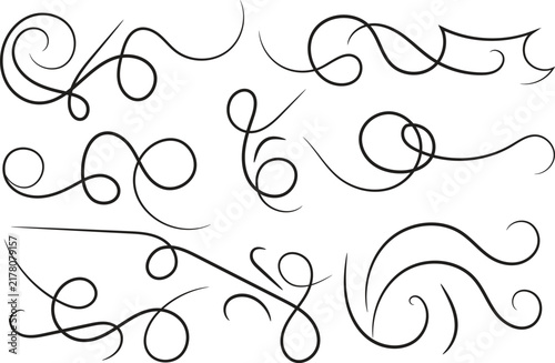 Curly swirl decorative swishes, Hand drawn calligraphy lettering ornate strokes, flourish swirling squiggle Highlight Swoosh typography text elements. Pen Filigree flourishes vintage scrolls
