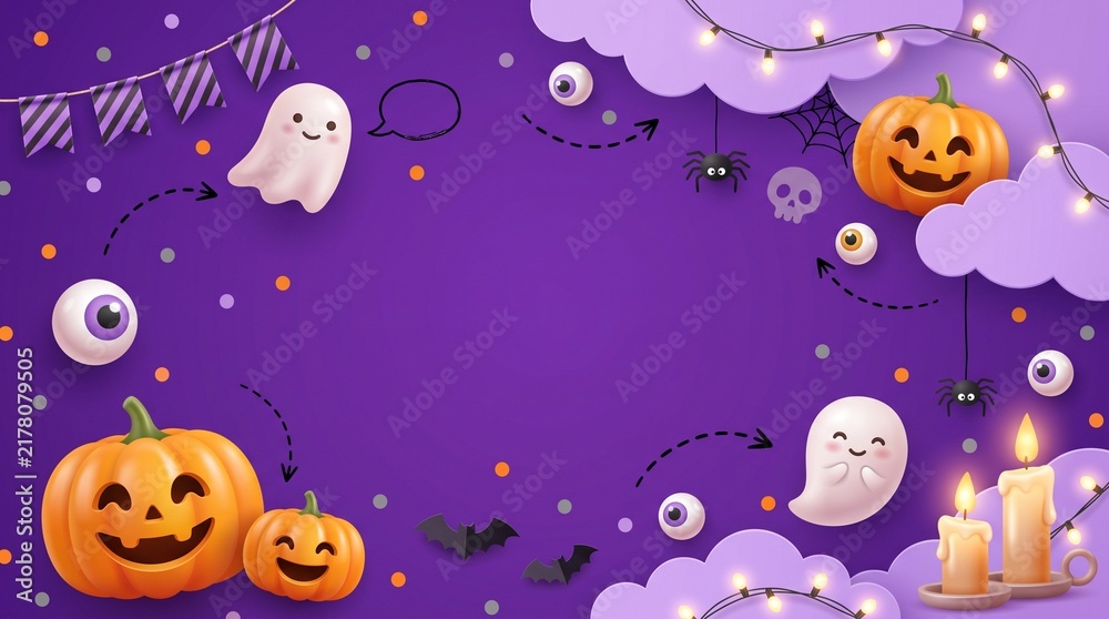 Naklejka premium Cute halloween background with smiling pumpkins ghosts and eyeballs on a purple backdrop with festive party lights and decorations for kids and holiday celebrations