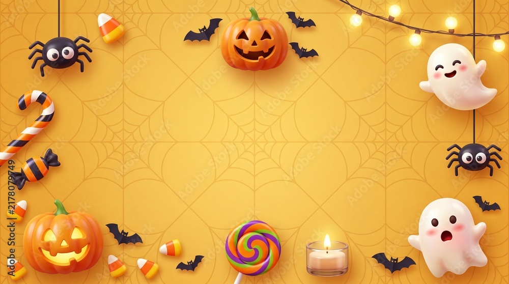Fototapeta premium Cute pixel art halloween background with pumpkins ghosts spiders bats candy and lights on an orange backdrop