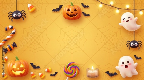 Cute pixel art halloween background with pumpkins ghosts spiders bats candy and lights on an orange backdrop