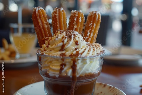 Four churros standing in a glass of chocolate cream, whipped cream and cocoa powder, make a delicious dessert