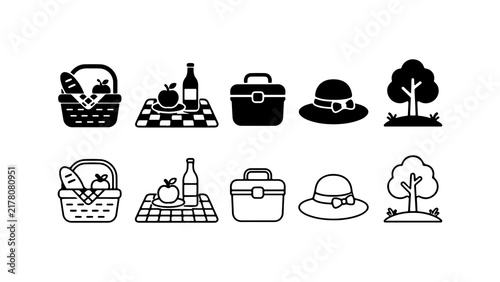 Picnic Elements Icon Set in Silhouette and Line Art Style