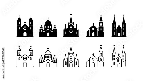 Church Building Icon Set in Black Silhouette and Line Art Vector