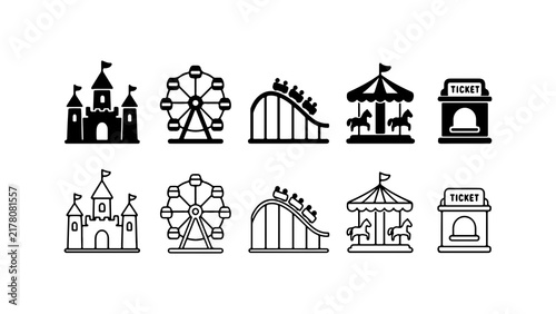 Amusement Park Attraction Icon Set in Silhouette and Outline Vector