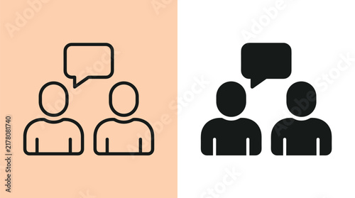 Conversation Icons: Two simple icons representing a conversation between two people, one outlined and the other solid black, each with a speech bubble.