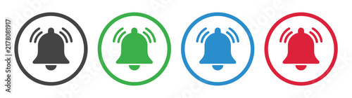 Notification Bell Icons: A set of four distinct notification bell icons in gray, green, blue, and red, symbolizing alerts and updates in a digital interface.