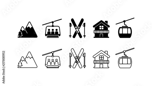 Winter Sport and Ski Resort Icon Set in Silhouette and Outline Style