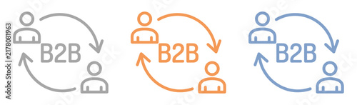 B2B Relationship Icons: Three stylized icons illustrating the business-to-business relationship with circular arrows connecting two person symbols and the text B2B.