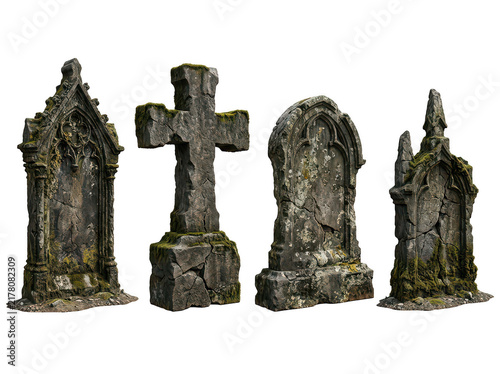 Three vintage graveyard headstone icons with crosses