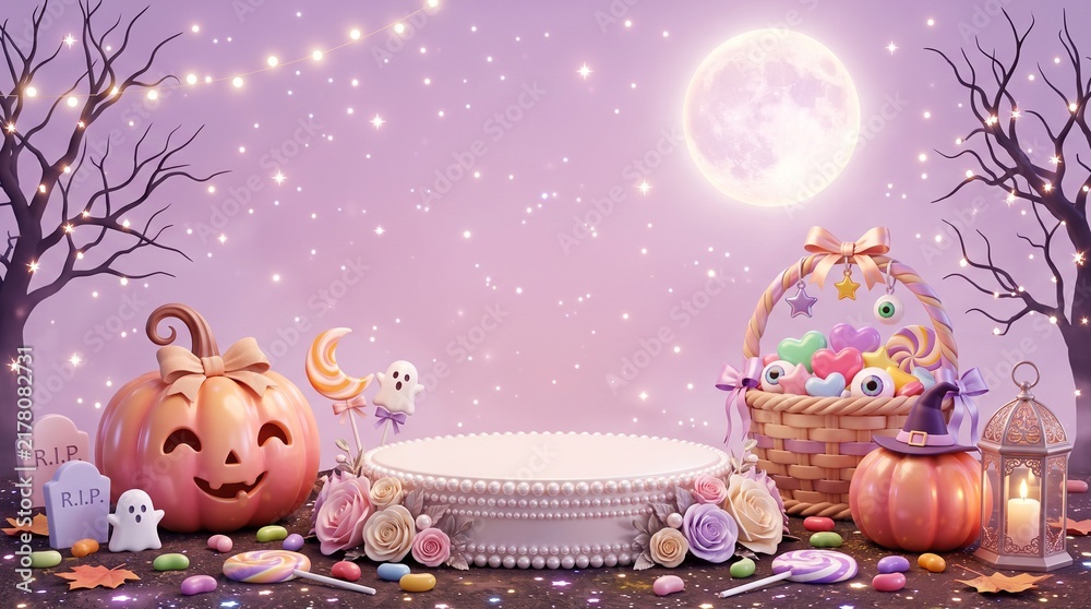 Fototapeta premium Halloween pink display podium with cute pumpkins ghost basket of candy and full moon in a magical night forest for product presentation