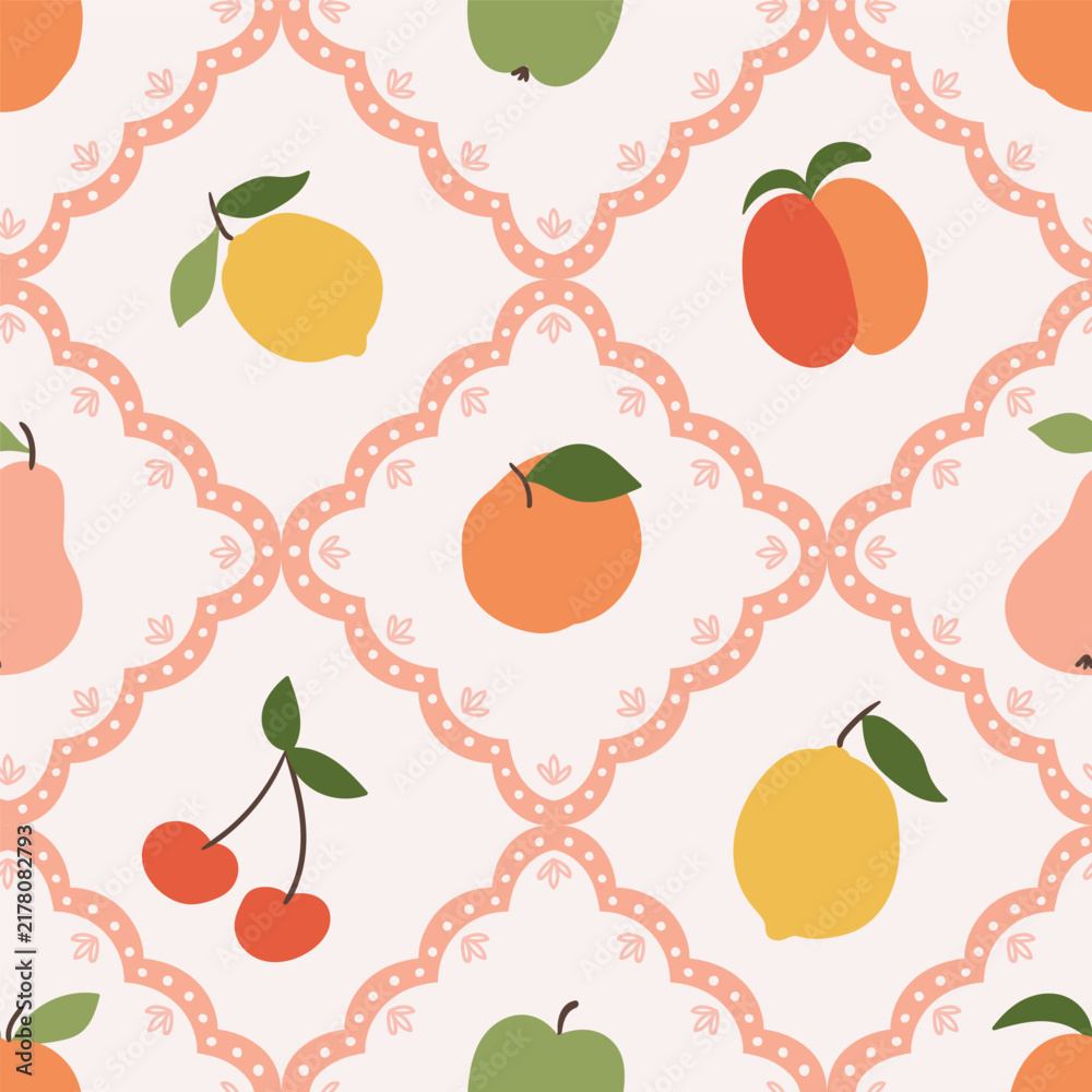 Obraz premium Vector fruit seamless pattern. Illustrated fruit on geometric background. Food repeat design for tablecloth, picnic blanket or tea towel