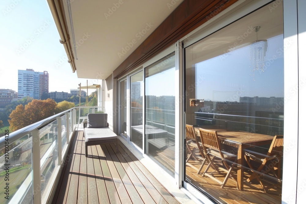 Obraz premium Spacious balcony with wooden decking, featuring comfortable furniture and offering panoramic city views, ideal for relaxation and outdoor dining