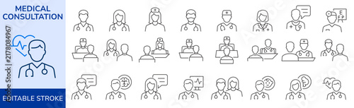 Medical consultation icon set with editable stroke. Representing doctor, patient, healthcare, diagnosis, examination and professional medical advice.