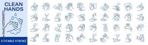 Clean hands icon set with editable stroke. Representing hand washing, hygiene, sanitizing, soap, water and personal cleanliness.