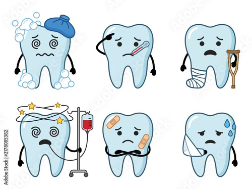 Cartoon Sick Teeth Characters Dental Health and Medical Problems Set