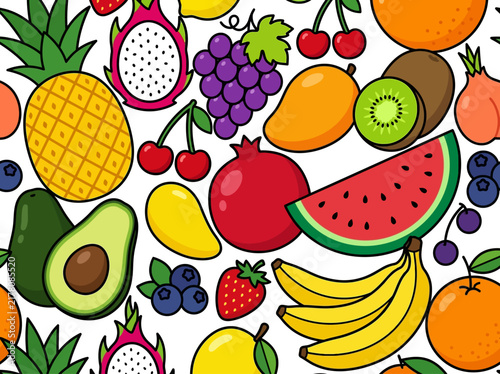 Seamless Pattern of Colorful Cartoon Tropical Fruits: Pineapple, Watermelon, Banana, and Avocado on White Background