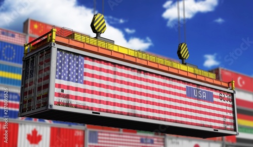 USA - cargo container lifted by crane in terminal - international trade and logistics concept - 3D illustration