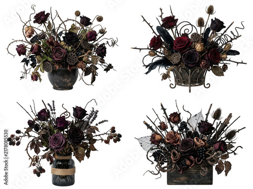 Black and white floral bouquet with scissors and ribbon
