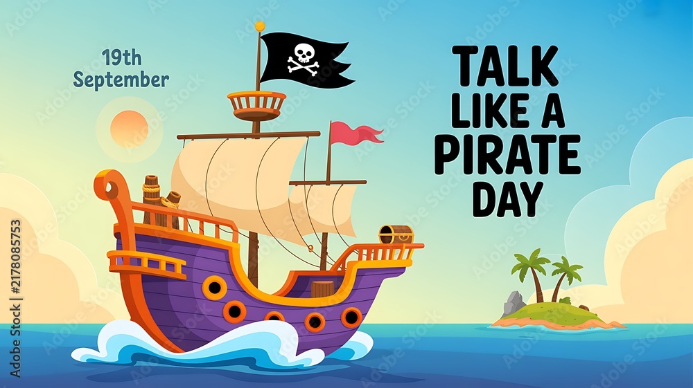 Fototapeta premium Cartoon pirate ship sailing on talk like a pirate day