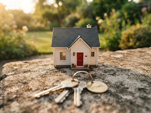 Model house and keys resting on a stone surface symbolizing real estate investment with property inv