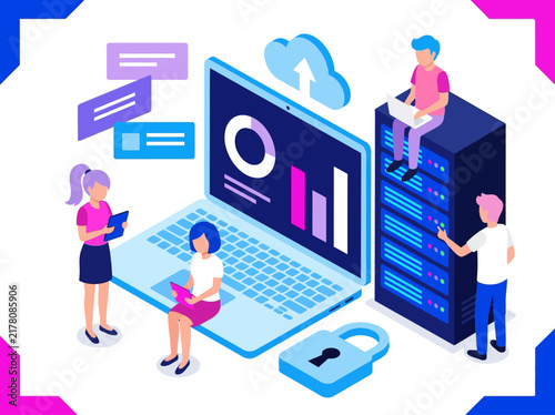 Isometric Cloud Computing and Big Data Analysis Concept with IT Team Managing Server Infrastructure and Security