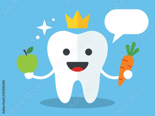Cute Cartoon Tooth with Crown Holding Apple and Carrot for Dental Health Concept