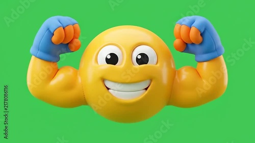 Strong 3d emoji characters with muscular arms flexing on green screen