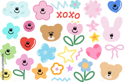 Vector illustrations of cute elements such as flowers, grumpy teddy bear, bunny, ribbon, abstract doodles, cloud for cartoon, nature, garden, spring, summer vibes, picnic, stickers, icon, floral