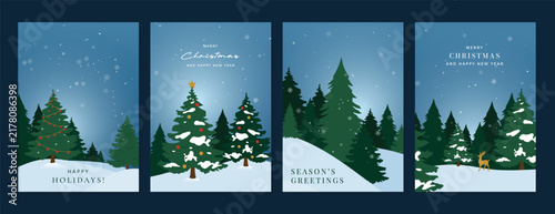 Christmas and Happy New Year season with winter house, pine tree and snowfall Card set. Template design for invitation, cards, social post, cover, sale banner, ads.