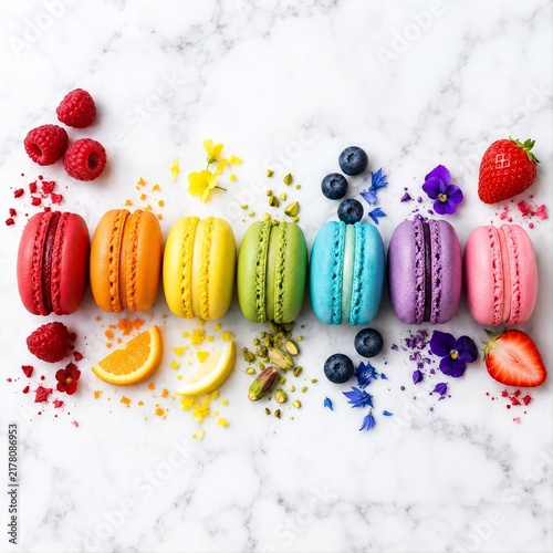 Colorful French Macarons Rainbow Row with Fresh Fruits on White Marble Background
