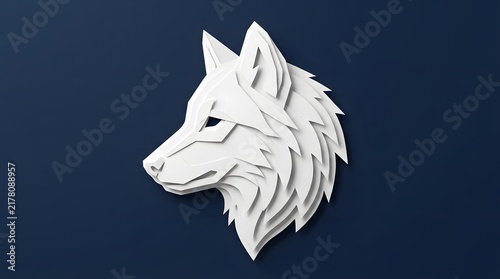 White paper cut wolf head profile isolated on a dark blue background