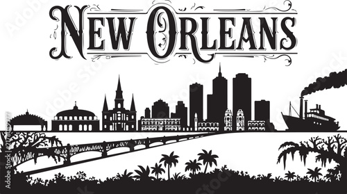 Bild auf Leinwand New Orleans Louisiana Skyline Silhouette with Vintage Typography and Steamboat