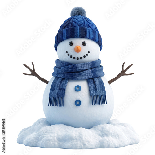 Cute 3D snowman wearing a blue knitted hat and scarf on a white background. Festive winter holiday illustration.