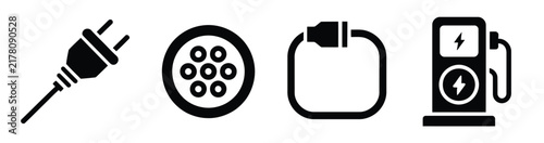 EV Charging Elements, Electric Vehicle Charger Plugs, Power Connectors, Battery Energy, Automotive Technology, Flat Vector Illustration