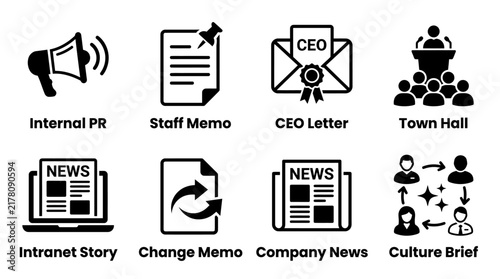 Set of black corporate communication and internal pr icons featuring staff memos ceo letters town hall meetings internal intranet business collection corporate communication relations