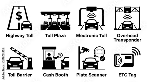 Set of black and white icons representing highway toll plaza electronic toll overhead transponder toll barrier cash booth plate scanner etc tag with electronic overhead transponder technology