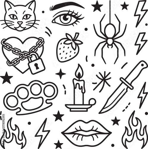Old School Tattoo Flash Sheet with Black and White Traditional Style Line Art Icons