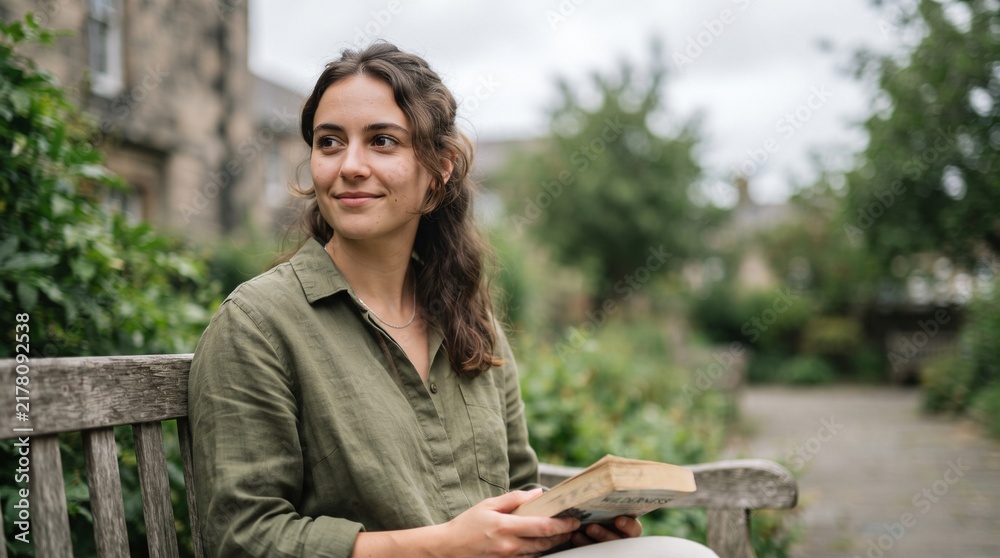 Fototapeta premium Young woman smiling while holding a book on a wooden bench in a garden 