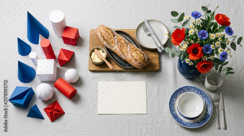 Bread and Butter with Cheese on a Rustic Wooden Table, Fresh Breakfast Food with Recipe Book, Kitchen Ingredients and Holiday Decorations