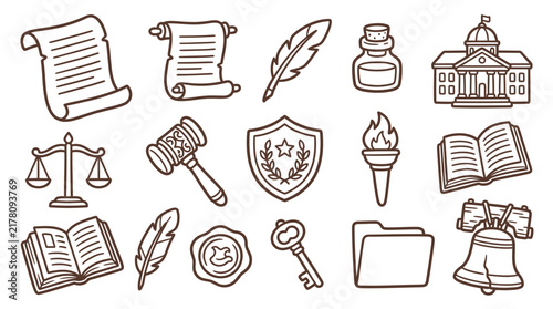 Принти на полотні A collection of line art icons representing legal and governmental concepts, including scales of justice, gavels, scrolls, and buildings