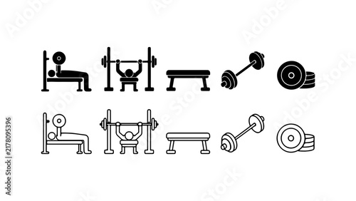 Gym Weight Lifting Icon Set in Silhouette and Outline Vector