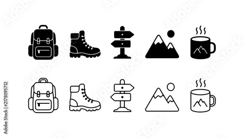 Hiking and Camping Travel Icon Set in Silhouette and Outline Style