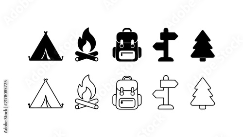 Camping Equipment Icon Set in Silhouette and Outline Style Vector