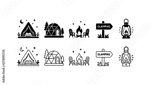 Glamping and Camping Travel Icon Set in Silhouette and Line Art