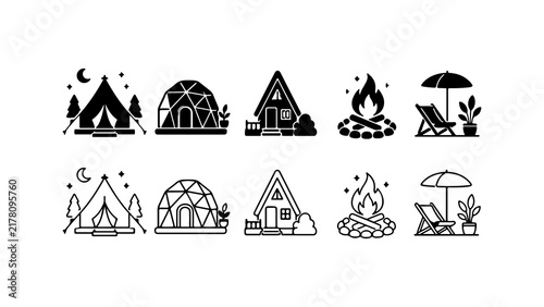 Camping and Glamping Icon Set in Silhouette and Outline Style