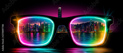 Cyberpunk Vision: Futuristic eyeglasses project a vibrant, neon-lit cityscape at night, reflecting a dazzling metropolis on their lenses. The glasses glow with an electric aura.