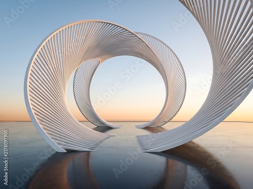 Futuristic white helical ring structures under a clear sunrise sky with architecture structure futuristic abstract