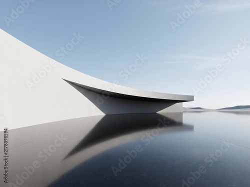Minimalist white architectural wedge structure reflected in calm dark water under a clear sky with architecture
